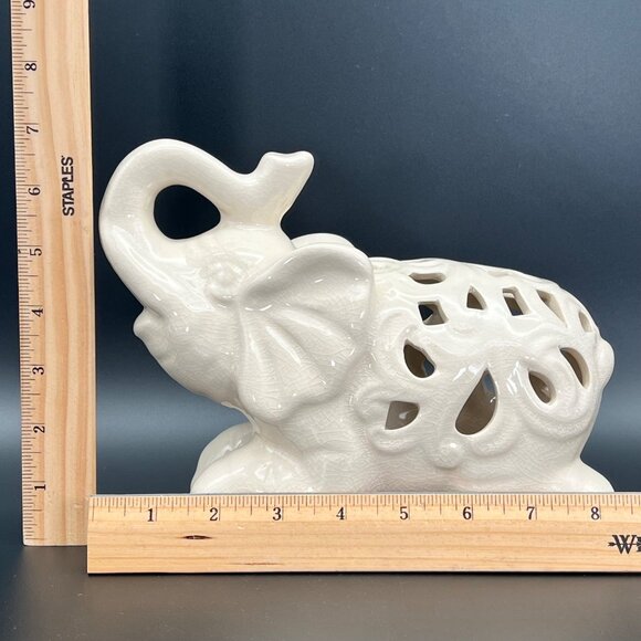 Ceramic Elephant Figurine Carved Crackle Pattern Trunk Up 9" x 7" - Picture 12 of 14